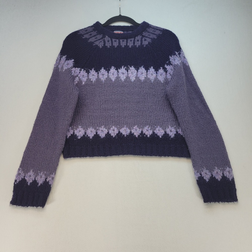 Mac & Jac Sweater Womens Medium Purple Fair Isle Wool Blend Knit Crop Pullover